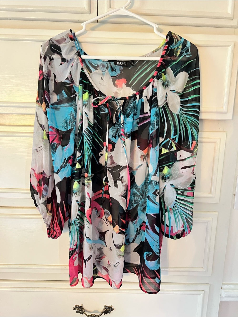 a.n.a Sheer Floral Tie-Neck Tunic in Black, White, Teal, Pink
